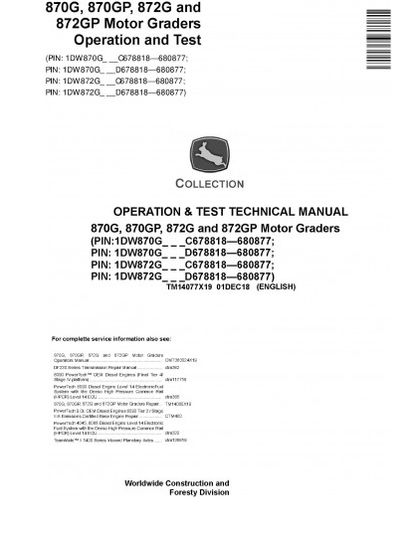 REPAIR MANUAL - JOHN DEERE 770G MOTOR GRADERS (TM14079X19)