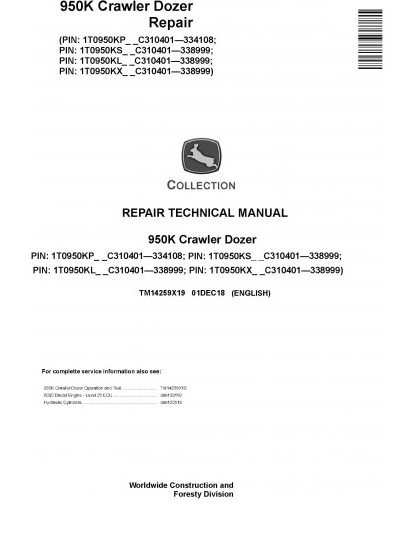 REPAIR TECHNICAL SERVICE MANUAL - JOHN DEERE 950K (SN. C310401-338999) CRAWLER DOZER  (TM14259X19)