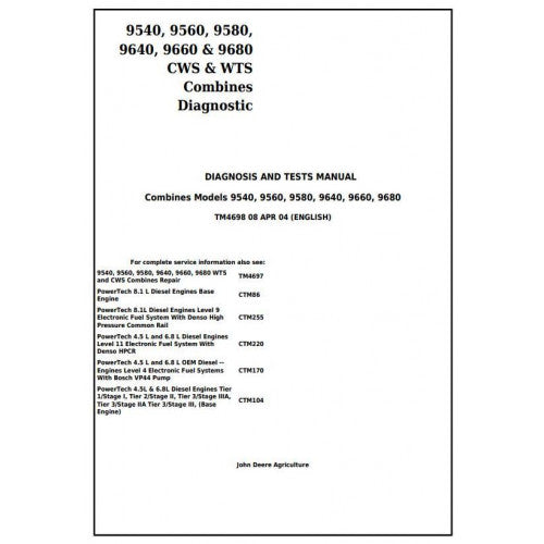DIAGNOSTIC SERVICE MANUAL - JOHN DEERE 9540, CWS & WTS COMBINES TM4698