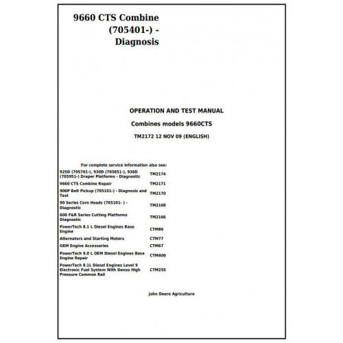 DIAGNOSTIC, OPERATION AND TEST SERVICE MANUAL - JOHN DEERE 9660 CTS COMBINE (SN.FROM 705401) TM2172