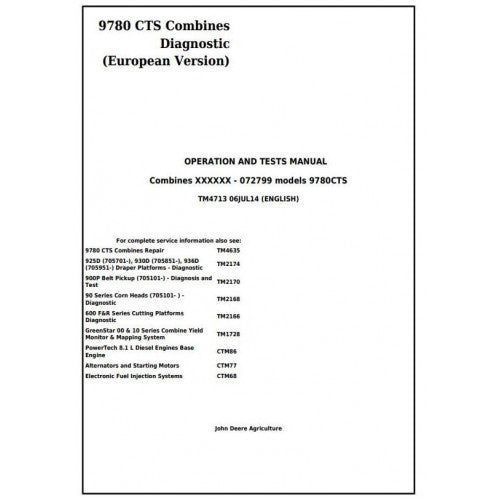 DIAGNOSIS AND TESTS SERVICE MANUAL -  JOHN DEERE 9780 CTS COMBINES (EUROPEAN VERSION) TM4713