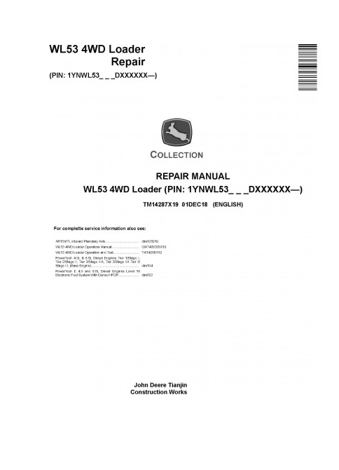 REPAIR SERVICE MANUAL - JOHN DEERE WL53 (SN. D000001-) 4WD LOADER TM14287X19