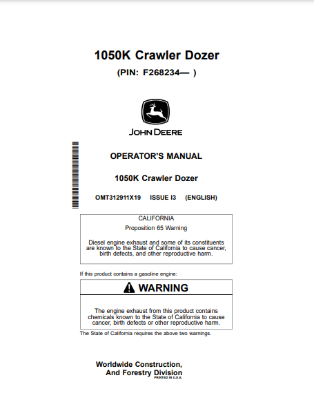  Access the detailed operator manual for the John Deere 1050K Construction Crawler Dozer (OMT312911X19). Ensure optimal performance and maintenance.