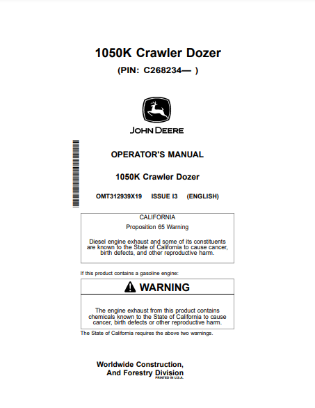 Access the John Deere 1050K Construction Crawler Dozer operator manual. Find vital guidelines and tips to optimize your dozer's operation and maintenance.