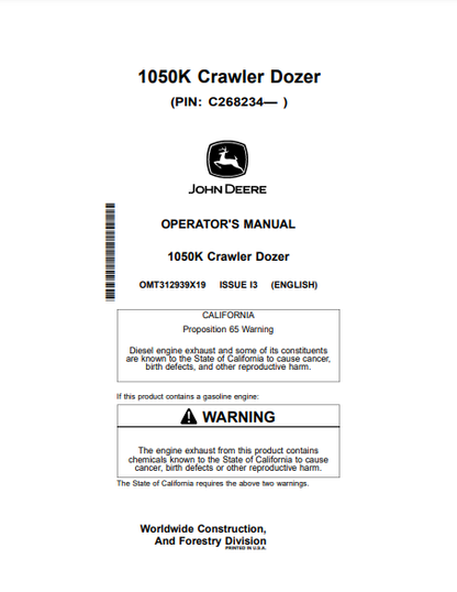 Access the John Deere 1050K Construction Crawler Dozer operator manual. Find vital guidelines and tips to optimize your dozer's operation and maintenance.