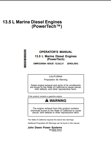  Access the John Deere 13.5L, 6135 Construction Engine operator manual. Find vital information for optimal performance and maintenance in one convenient location.