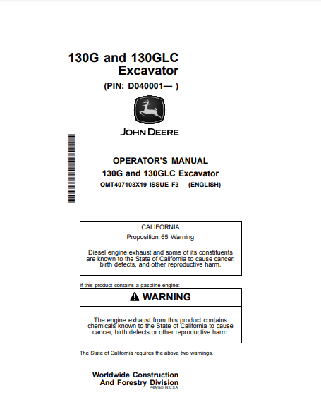 Access the operator manual for John Deere 130G and 130GLC excavators. Find detailed instructions and maintenance tips to optimize your construction equipment performance.