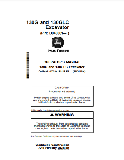 Access the operator manual for John Deere 130G and 130GLC excavators. Find detailed instructions and maintenance tips to optimize your construction equipment performance.