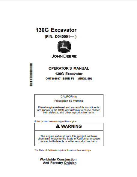  Access the John Deere 130G Construction Excavator operator manual. Find vital information to optimize your machine's operation and maintenance effectively.