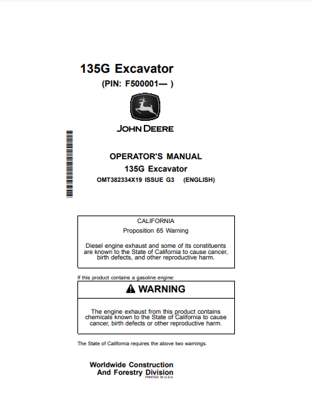 Access the John Deere 135G Construction Excavator operator manual. Find vital guidelines and tips to optimize your machine's efficiency and safety.