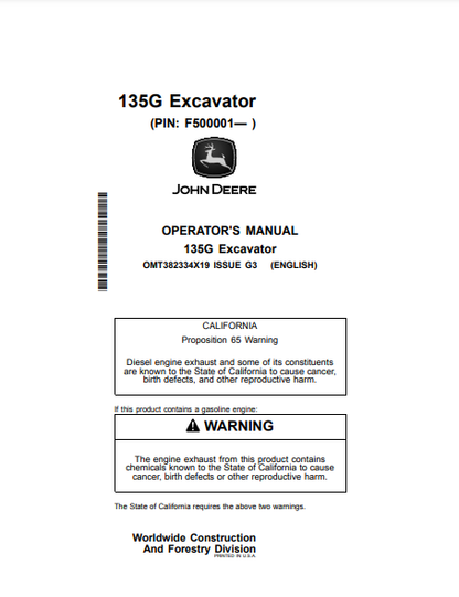 Access the John Deere 135G Construction Excavator operator manual. Find vital guidelines and tips to optimize your machine's efficiency and safety.