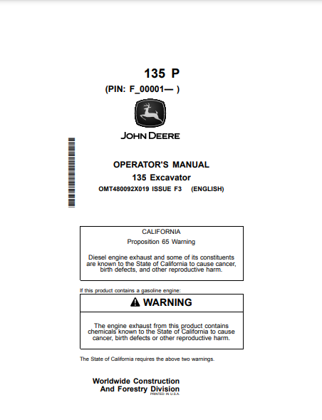 Access the John Deere 135 P Construction Excavator operator manual. Find detailed instructions and maintenance tips to enhance your machine's efficiency.