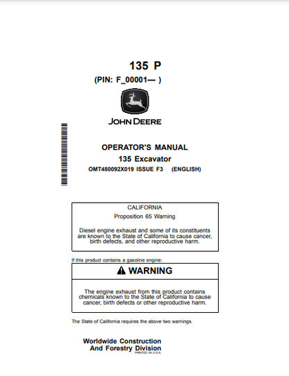 Access the John Deere 135 P Construction Excavator operator manual. Find detailed instructions and maintenance tips to enhance your machine's efficiency.