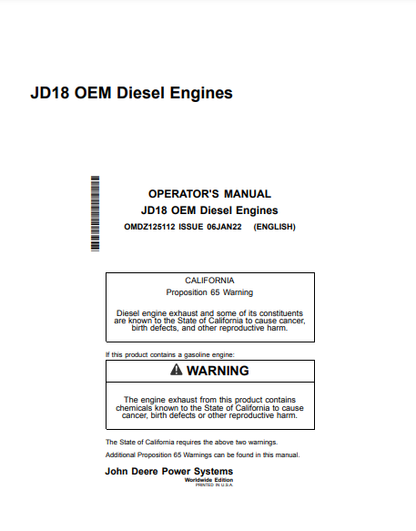 Access the detailed operator manual for the John Deere 18.0L, 6180C1510 Construction Engine OMDZ125112. Ensure efficient operation and maintenance today.