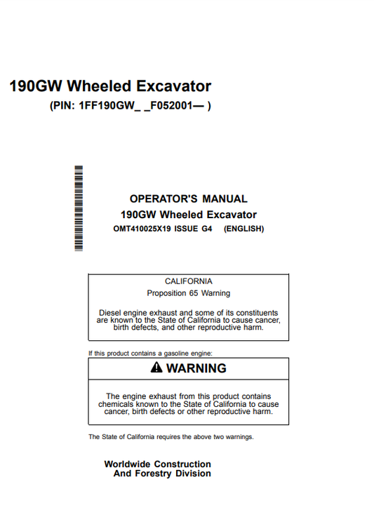 Access the John Deere 190GW Construction Excavators operator manual. Find vital information to optimize your machinery's efficiency and ensure safe operation.