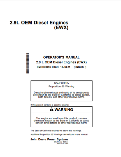 Access the John Deere 2.9L, 3029 Construction Engine OMRG39496 operator manual. Find detailed instructions and maintenance tips for efficient operation.