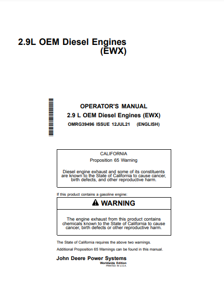 Access the John Deere 2.9L, 3029 Construction Engine OMRG39496 operator manual. Find detailed instructions and maintenance tips for efficient operation.