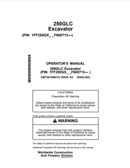  Access the detailed operator manual for the John Deere 250GLC Construction Excavator OMT351369X19. Ensure optimal performance and safety in your operations.