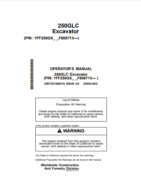  Access the detailed operator manual for the John Deere 250GLC Construction Excavator OMT351369X19. Ensure optimal performance and safety in your operations.