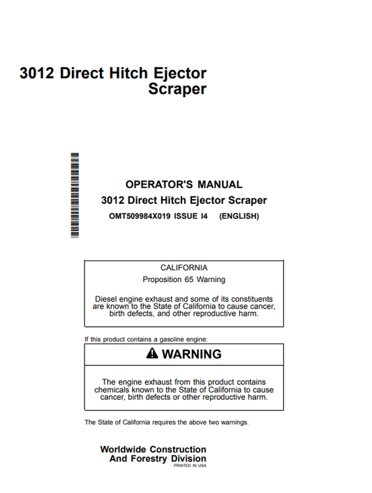 Access the John Deere 3012 Construction Scrapers operator manual. Find detailed instructions and tips to optimize your machinery's efficiency and safety.
