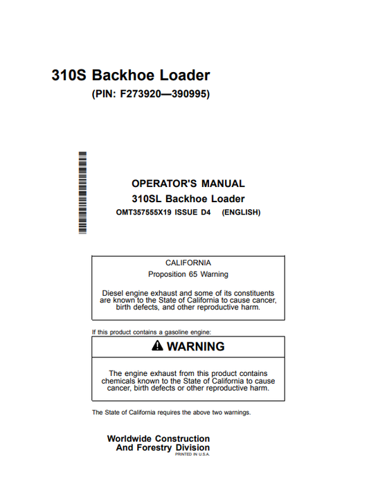 Access the John Deere 310SL Construction Backhoe Loader operator manual. Find vital information to optimize your machine's operation and maintena