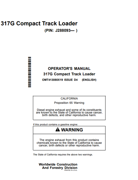 . Explore the operator manual for the John Deere 317G Construction Skid Steer. Get detailed insights to ensure efficient use and care of your equipment.