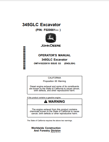  Access the John Deere 345GLC Construction Excavator operator manual. Find detailed instructions and maintenance tips to enhance your machine's efficiency.