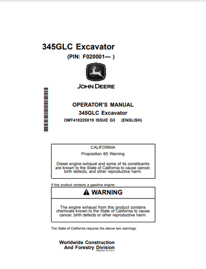  Access the John Deere 345GLC Construction Excavator operator manual. Find detailed instructions and maintenance tips to enhance your machine's efficiency.