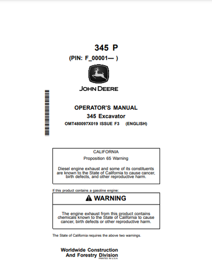 Access the John Deere 345 P Construction Excavator operator manual. Find vital information to optimize your machine's operation and maintenance effectively.