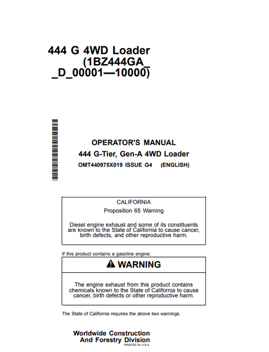 . Access the John Deere 444G Forestry Loaders operator manual. Find detailed instructions and maintenance tips to optimize your loader's efficiency and longevity