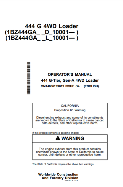 Access the John Deere 444G Forestry Loaders operator manual. Find vital information to optimize your loader's efficiency and ensure safe operation.
