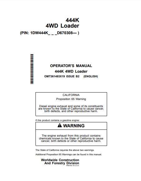 Access the John Deere 444K Construction Loader operator manual. Find vital information to optimize your loader's functionality and ensure efficient operation.