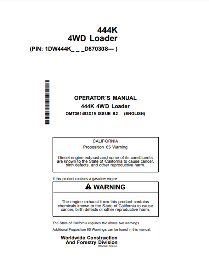 Access the John Deere 444K Construction Loader operator manual. Find vital information to optimize your loader's functionality and ensure efficient operation.