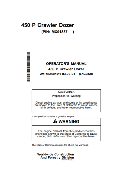 Access the John Deere 450 P Construction Crawler Dozer operator manual. Find vital information to optimize your dozer's operation and maintenance effectively.
