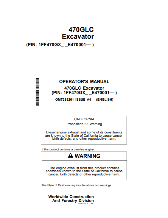 Access the John Deere 470GLC excavator operator manual. Find vital guidelines and tips to optimize your construction equipment's efficiency and safety.
