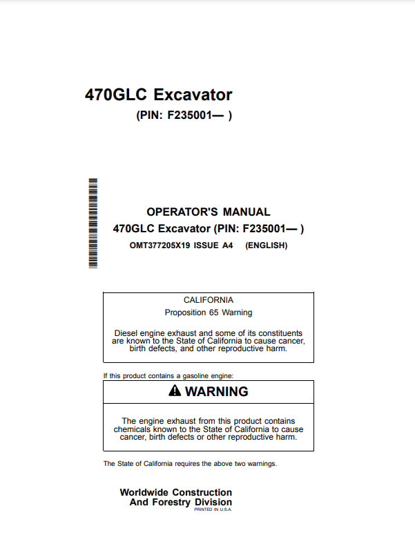 Access the John Deere 470GLC operator manual for construction excavators. Find vital guidelines and tips to optimize your machine's efficiency and safety.