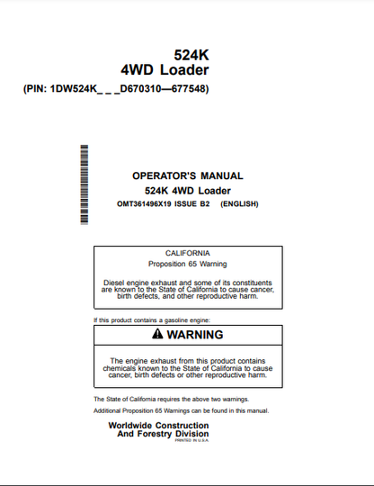 Access the John Deere 524K Construction Loader operator manual. Find detailed instructions and maintenance tips to enhance your loader's efficiency and longevity.