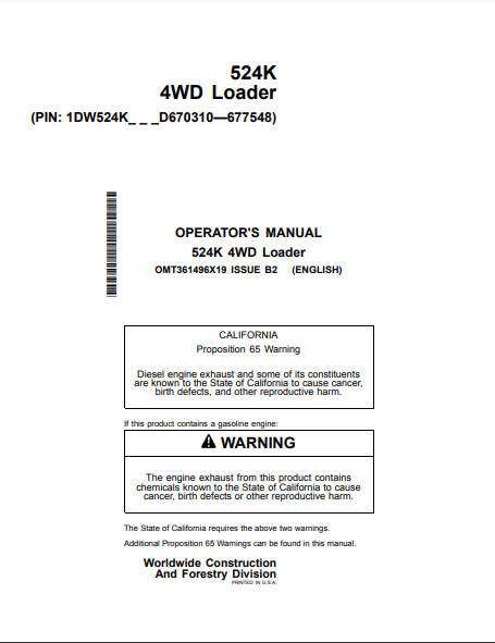 Access the John Deere 524K Construction Loader operator manual. Find detailed instructions and maintenance tips to enhance your loader's efficiency and longevity.