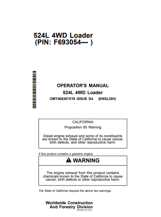  Access the John Deere 524L Construction Excavators operator manual. Find vital information to optimize your machine's operation and maintenance efficiently.