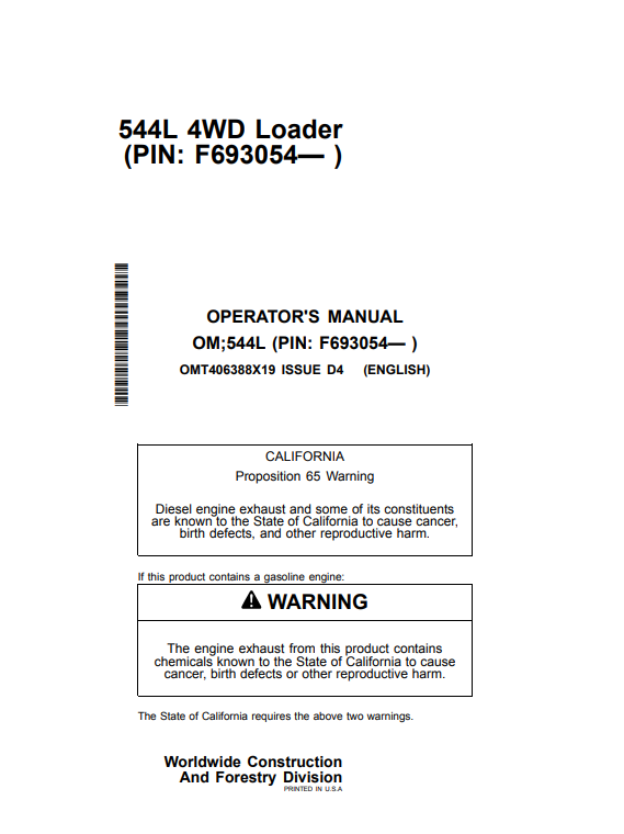 Access the John Deere 544L Construction Loaders operator manual. Find vital information to optimize your loader's efficiency and ensure safe operation.
