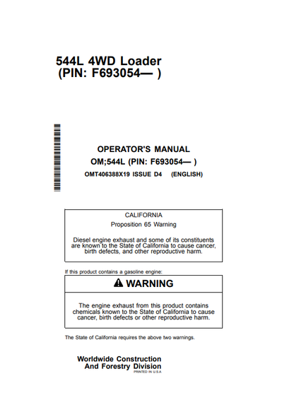 Access the John Deere 544L Construction Loaders operator manual. Find vital information to optimize your loader's efficiency and ensure safe operation.
