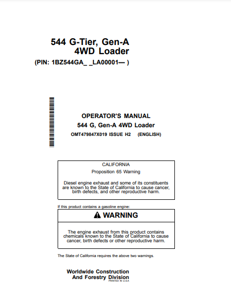 Access the John Deere 544 G Construction Loader operator manual. Find vital information to optimize your loader's operation and maintenance effectively.