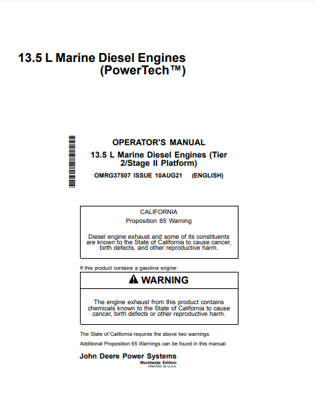 Access the John Deere 6135, 13.5L Construction Engine OMRG37507 operator manual. Your guide to efficient operation and maintenance for peak performance.