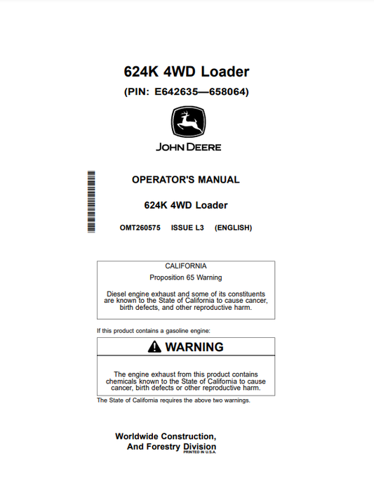 Access the John Deere 624K Loaders operator manual (OMT260575_24) for essential guidelines and maintenance tips to maximize your machine's efficiency.