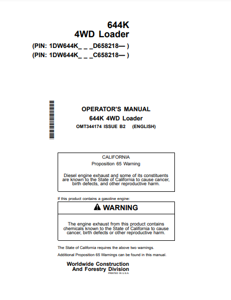 Access the John Deere 644K Construction Loader operator manual (OMT344174) for essential guidelines and tips to maximize performance and ensure safety.