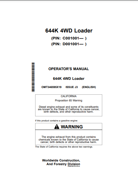  Access the John Deere 644K Construction Loader operator manual. Find vital information to optimize your loader's functionality and ensure efficient operation.