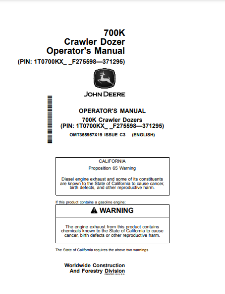 Access the John Deere 700K Construction Crawler Dozer operator manual. Find detailed instructions and maintenance tips to optimize your machine's performance.