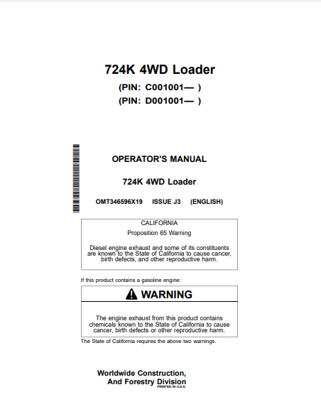  Access the John Deere 724K Construction Loader operator manual. Find vital information to optimize your loader's functionality and ensure efficient operation.