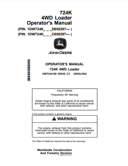 Access the John Deere 724K Construction Loader operator manual (OMT344180) for essential guidelines and tips to maximize your machine's performance and longevity.