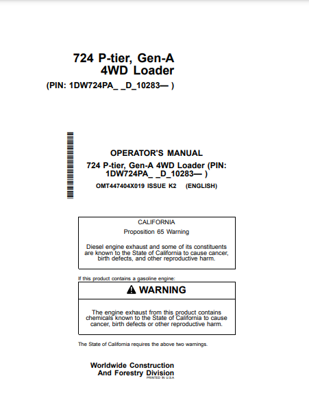 Access the John Deere 724 P Construction Loader operator manual. Find vital information to optimize your loader's functionality and ensure efficient operation.